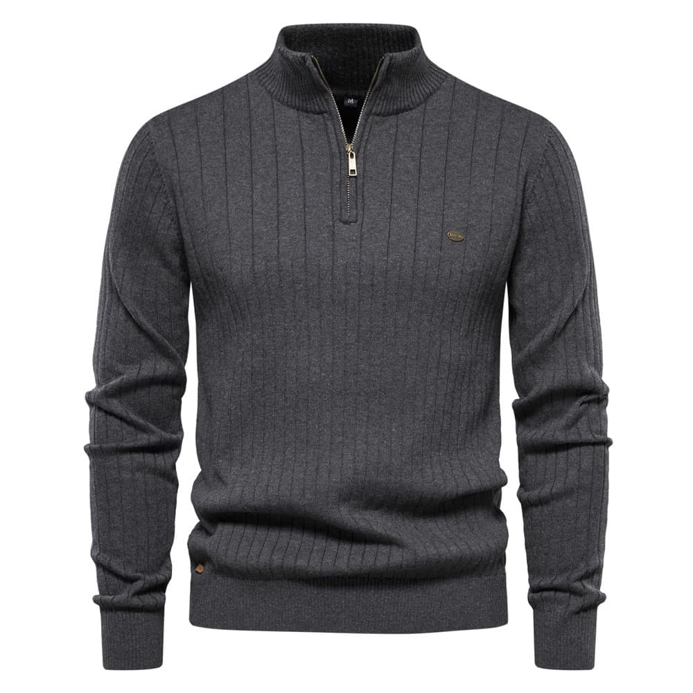 Suéter Masculino Meio Zíper Gola Canelada Malha Cor Sólida Fino Ajuste Premium Pulôver Outono Inverno Casual Quente Bola