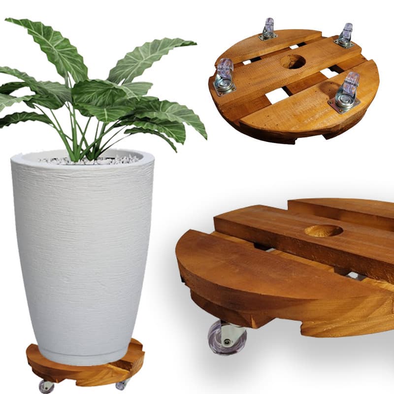 Suporte móvel redondo madeira de 20cm rodinhas de Cristal para vasos de plantas. Prático Resistente