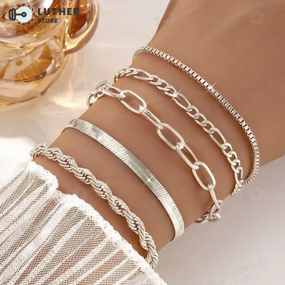 Conjunto de Pulseiras de  Aço inoxidável com 5 Peças, Estilo Minimalista, Joia que Não Desbota, Pulseiras baratas