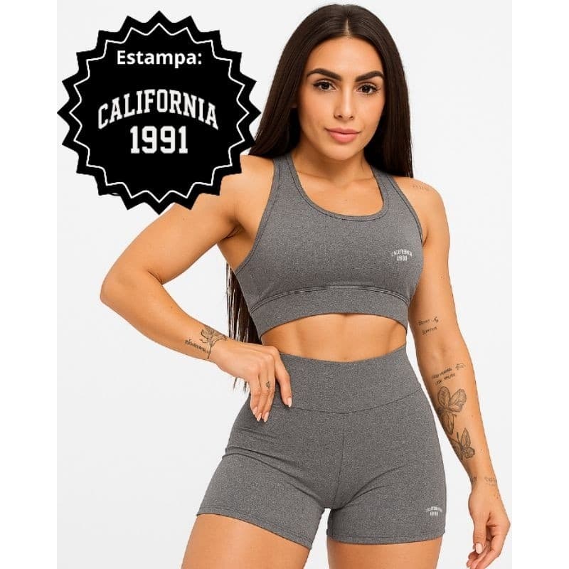 2 Conjuntos Femininos Fitness – Top + Shorts ( Cinza) | Suplex Premium | Califórnia 1991