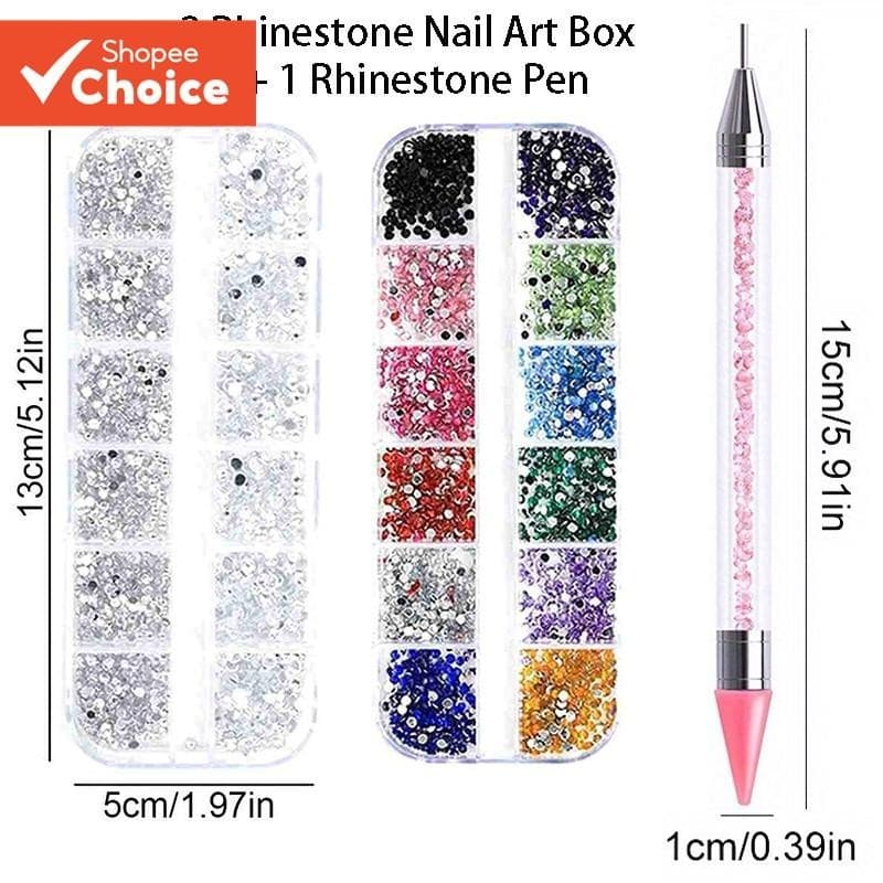 Kit 3 Strass Nail Art Caixa Pedras De Prata Coloridas + Caneta