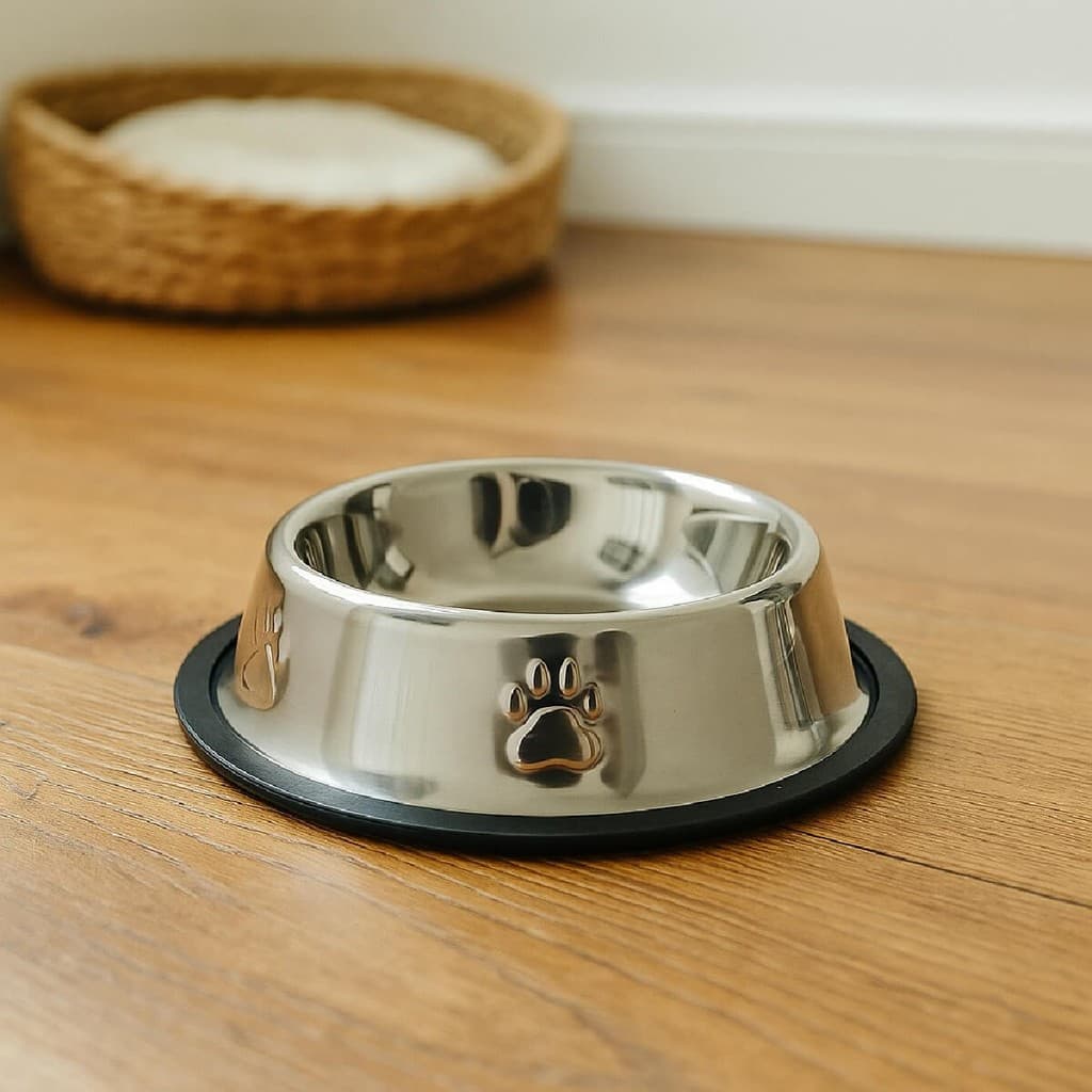 Comedouro Médio Pet Tigela Aço Inox 300ml Base Antiderrapante Vasilha Ração Cães e Gatos