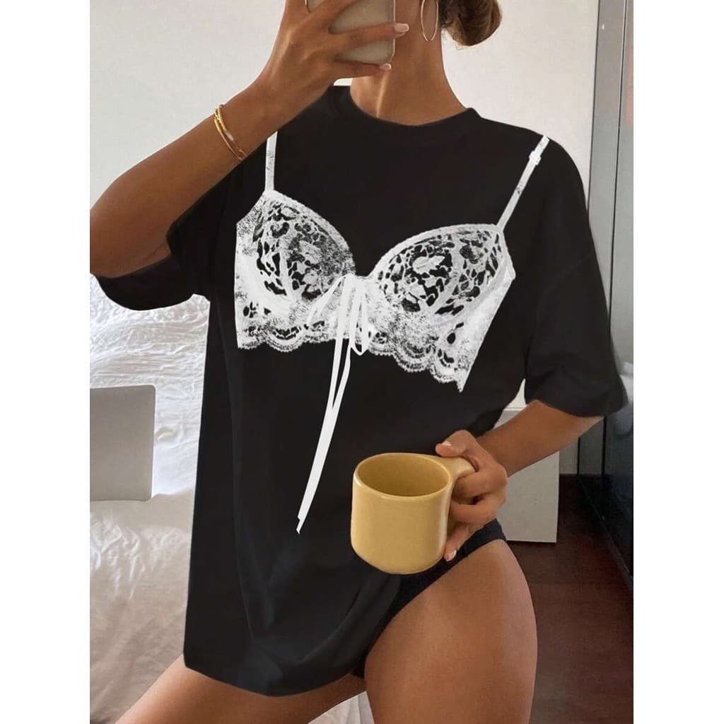 Tshirt Feminina Estilosa Estampada Desenho Renda Lançamento Camiseta 100% Algodão Camisetão Camisa Oversized Plus Size