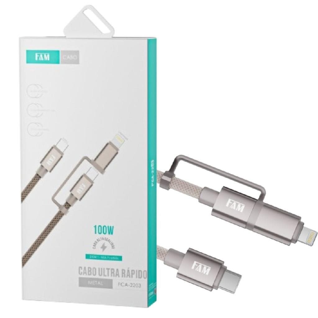 Cabo De Carregamento E Transferência De Dados FAM FCA-2203 USB C Lightning 100W 2 Em 1 1.2M Rose.