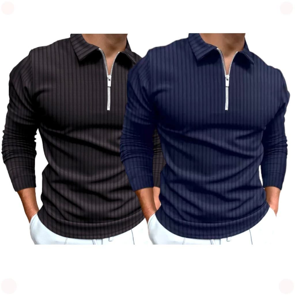Kit 2 Camisas Gola Polo Manga Longa Blusa Masculina Ziper