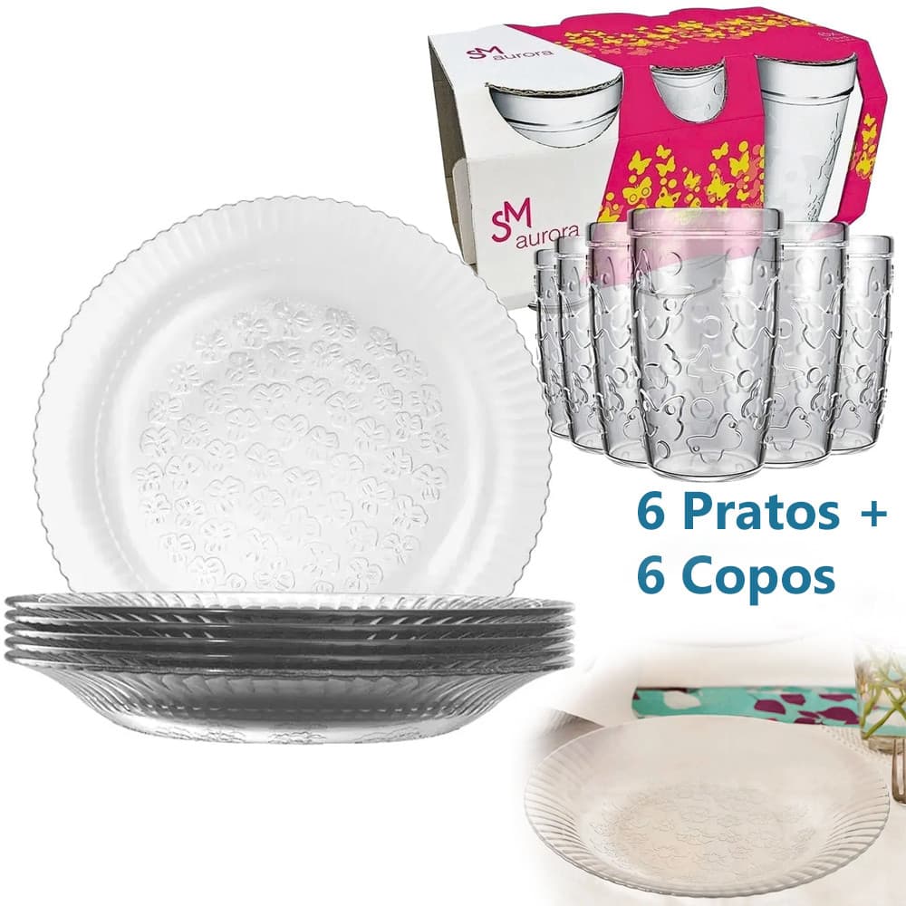 Jogo 6 Pratos Fundos Primavera e 6 Copos Aurora