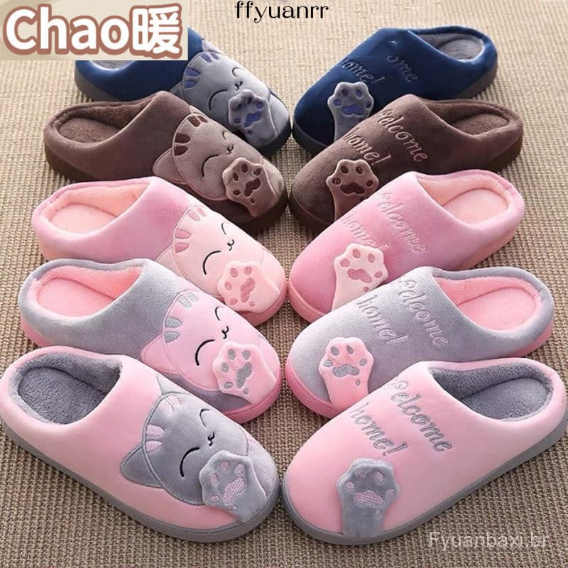 Chinelos De Casal De Inverno Sapatos Femininos Bonito Dos Desenhos Animados Gato Masculino Quente Pelúcia Interior Piso