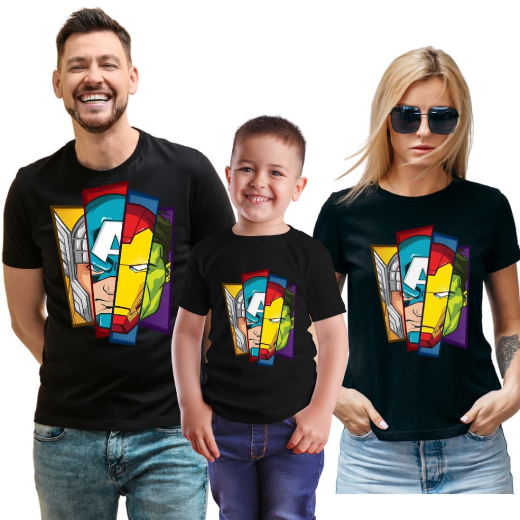 Camiseta Kit Familia Vingadores Blusa unissex Infantil e Adulto 100% Algodão Envio Rapido