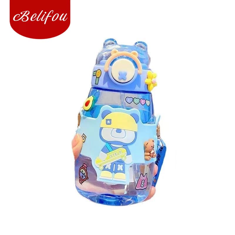 Belifou 600ML Garrafa De Água Urso Fofa Plástico Kawaii Com Palha Infantil Criança Portátil Com Desenho Multicolorido