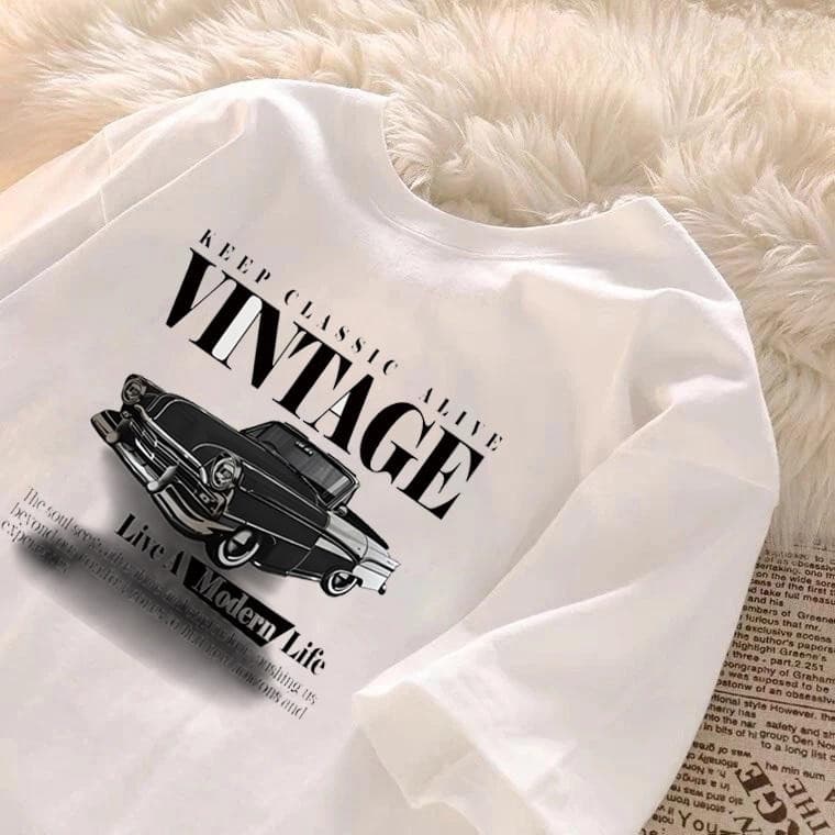 Clássico Retro Carro Carta Impressão Camiseta Verão Streetwear Crewneck Em Torno Do Pescoço Feminino Jura Topo Manga Cur