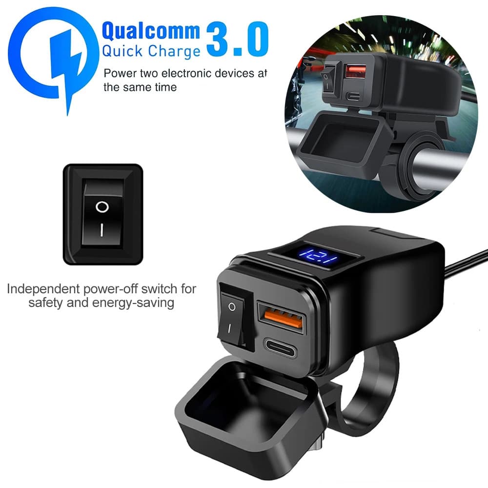 Carregador De Motos PD QC3.0 De 60W Rápido À Prova D'água Suporte De Montagem De 12/24V Adaptador De Soquete Com Interruptor