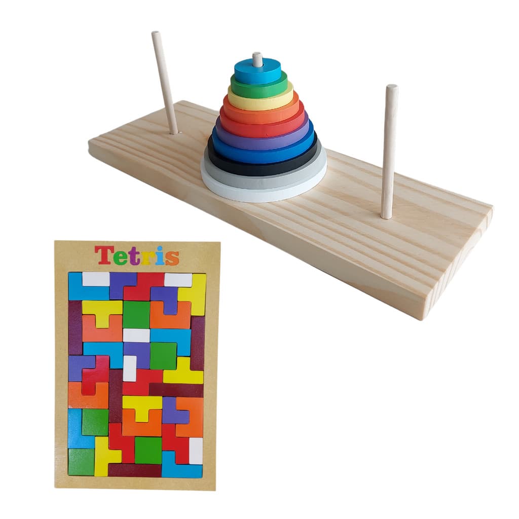 Brinquedos de Madeira Torre de Hanói e Tetris com 40 peças