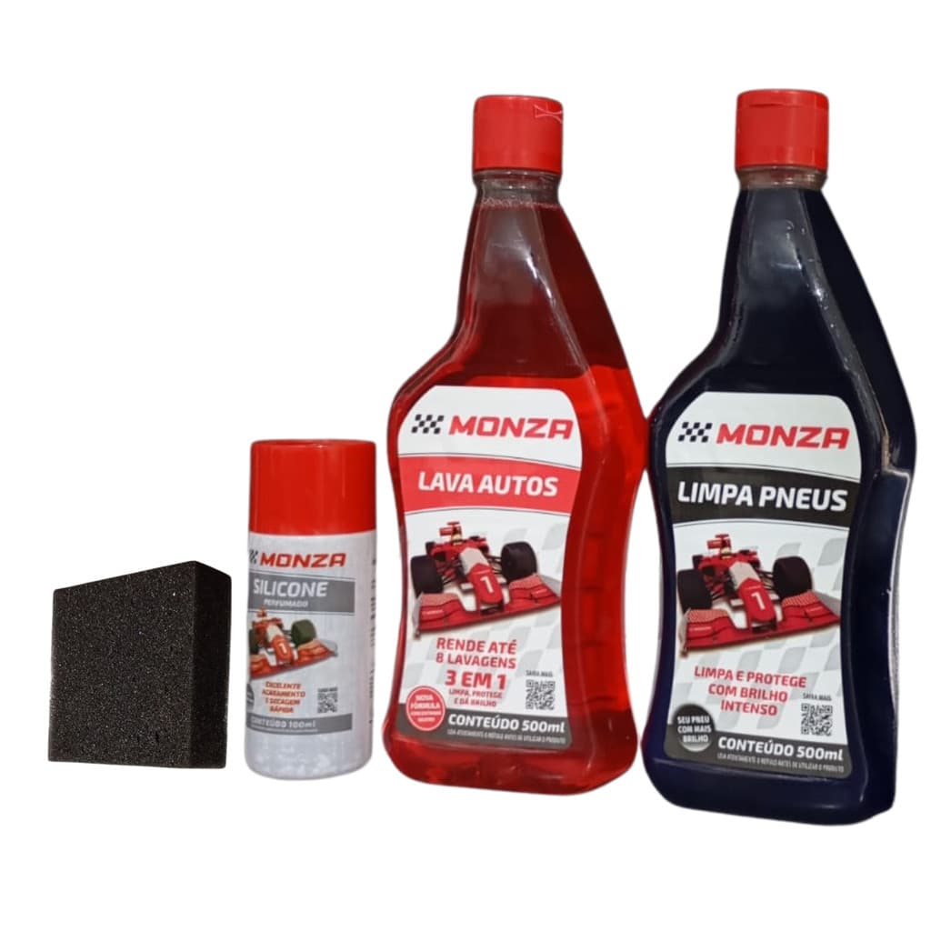 Monza Kit Carro com 4 Produtos | Lava Autos, Limpa Pneus, Silicone Perfumado e Esponja Aplicadora