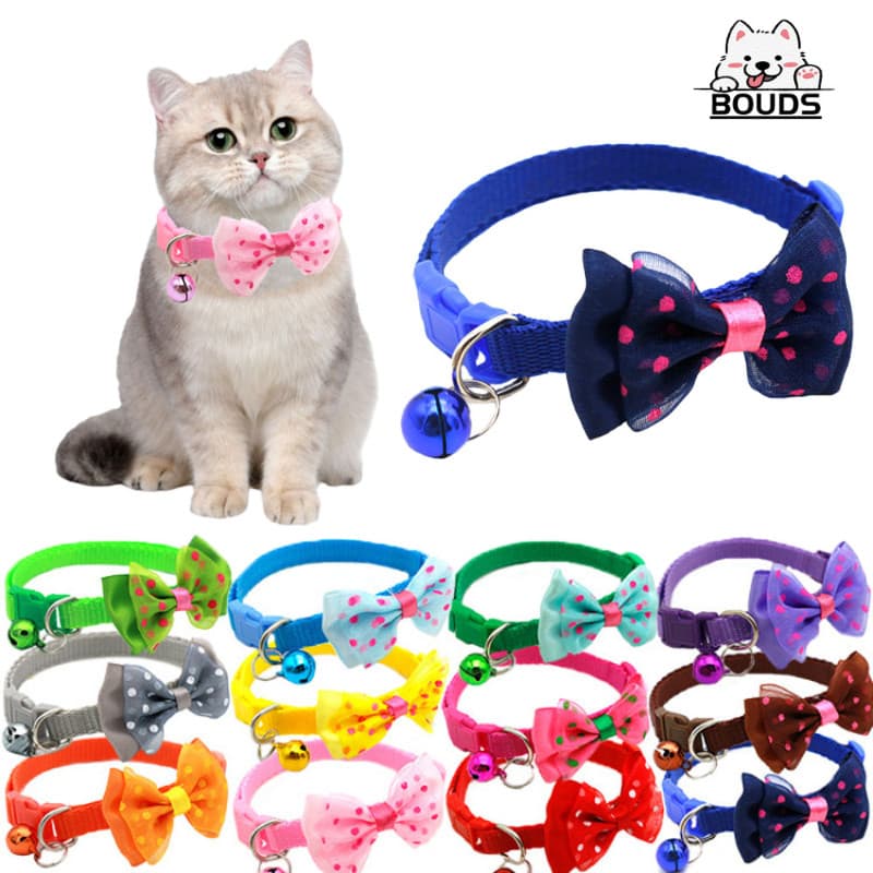 Coleira Gato com Laço de Tule com Bolinhas e Sino, Ajustável para Gatinhos e Cachorros Pequenos