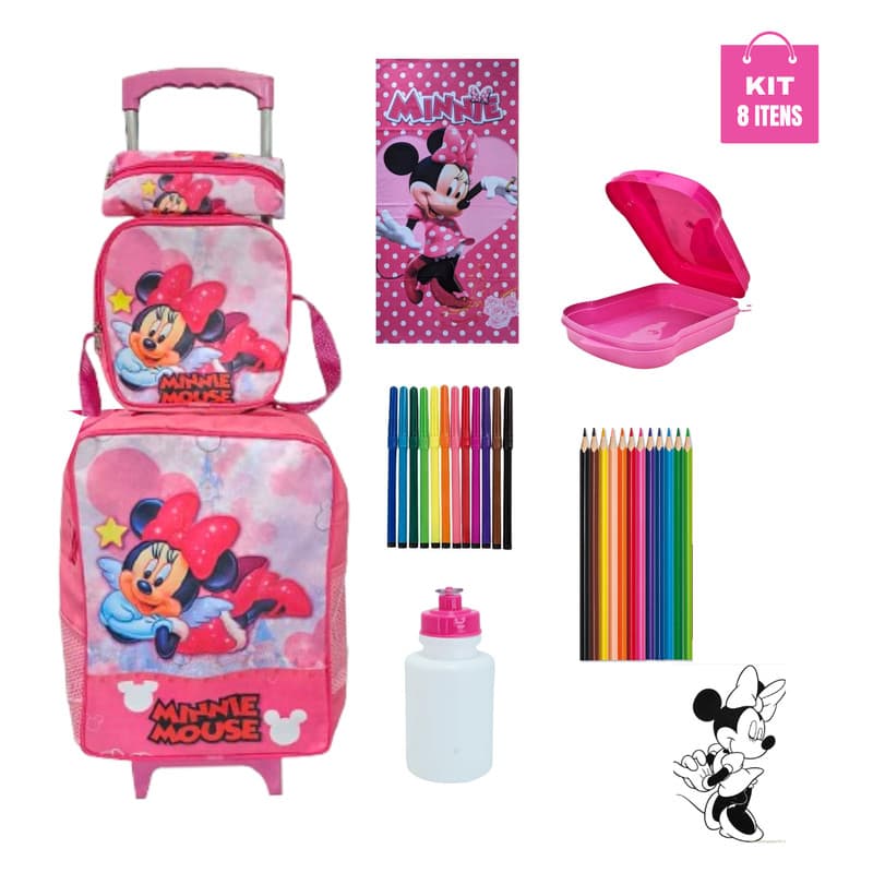 Kit Mochila com Rodinhas Lancheira Térmica Estojo Canetinhas Lápis de Cor Squeeze Sanduicheira Toalha Volta Aulas Minnie