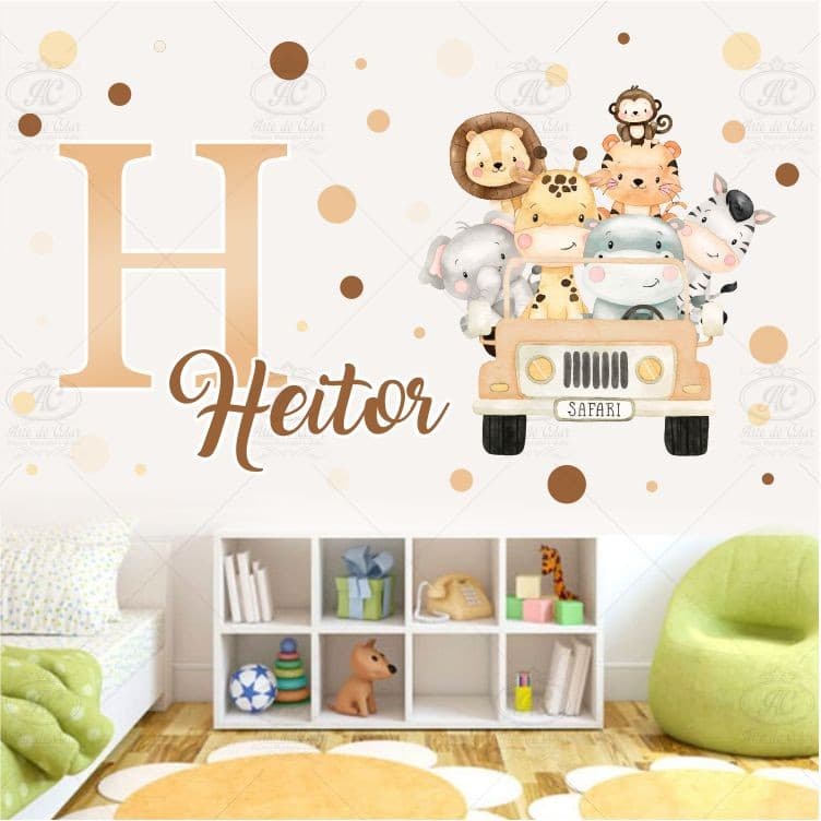 Kit Adesivo Decorativo Carro Bege Safari Aquarela + Bolinhas Quarto Menina Menino Infantil Nome