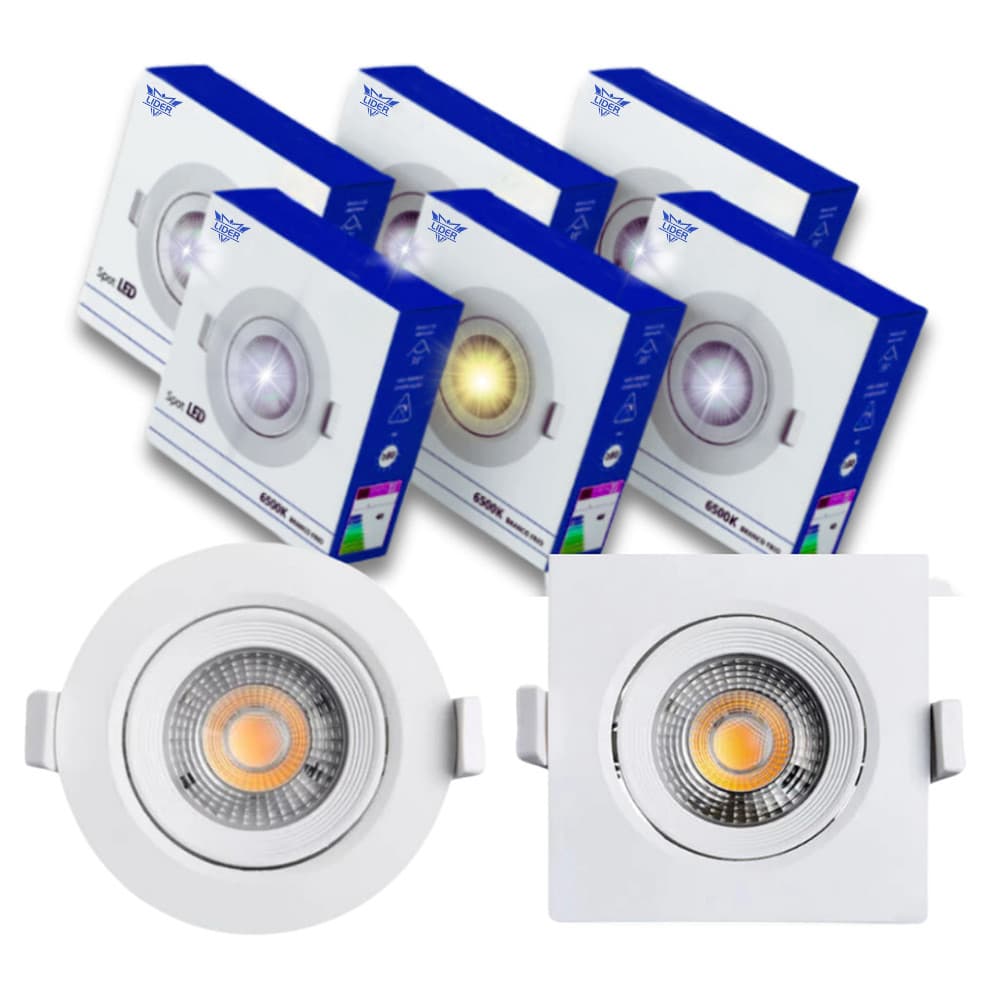 Kit 5 Spot Embutir  Led Direcionável Redondo ou Quadrado Branco Quente ou Frio Casa e Decoração