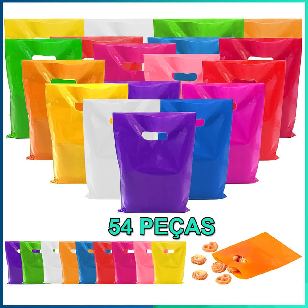 54 Sacolas Plásticas 20x30cm Boca de Palhaço/Alça Vazada Sacola Lembrancinha