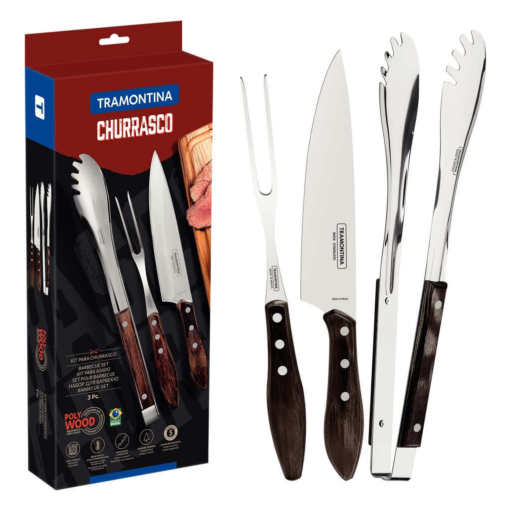 Kit Churrasco Tramontina 3 Peças Inox Cabo Polywood Castanho