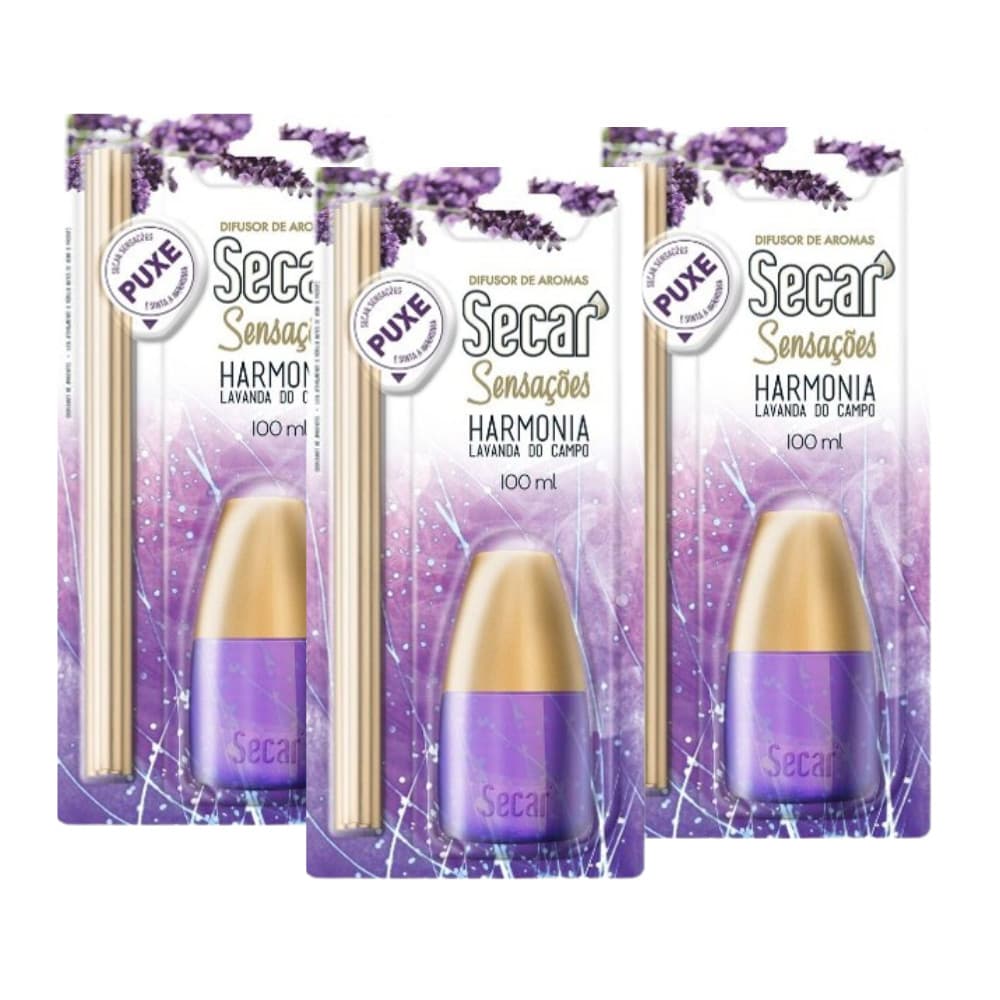 Kit 3 Difusor Aroma Secar 100ml Lavanda Sensações Perfume Suave Terapia Clínica Salão Casa Banheiro