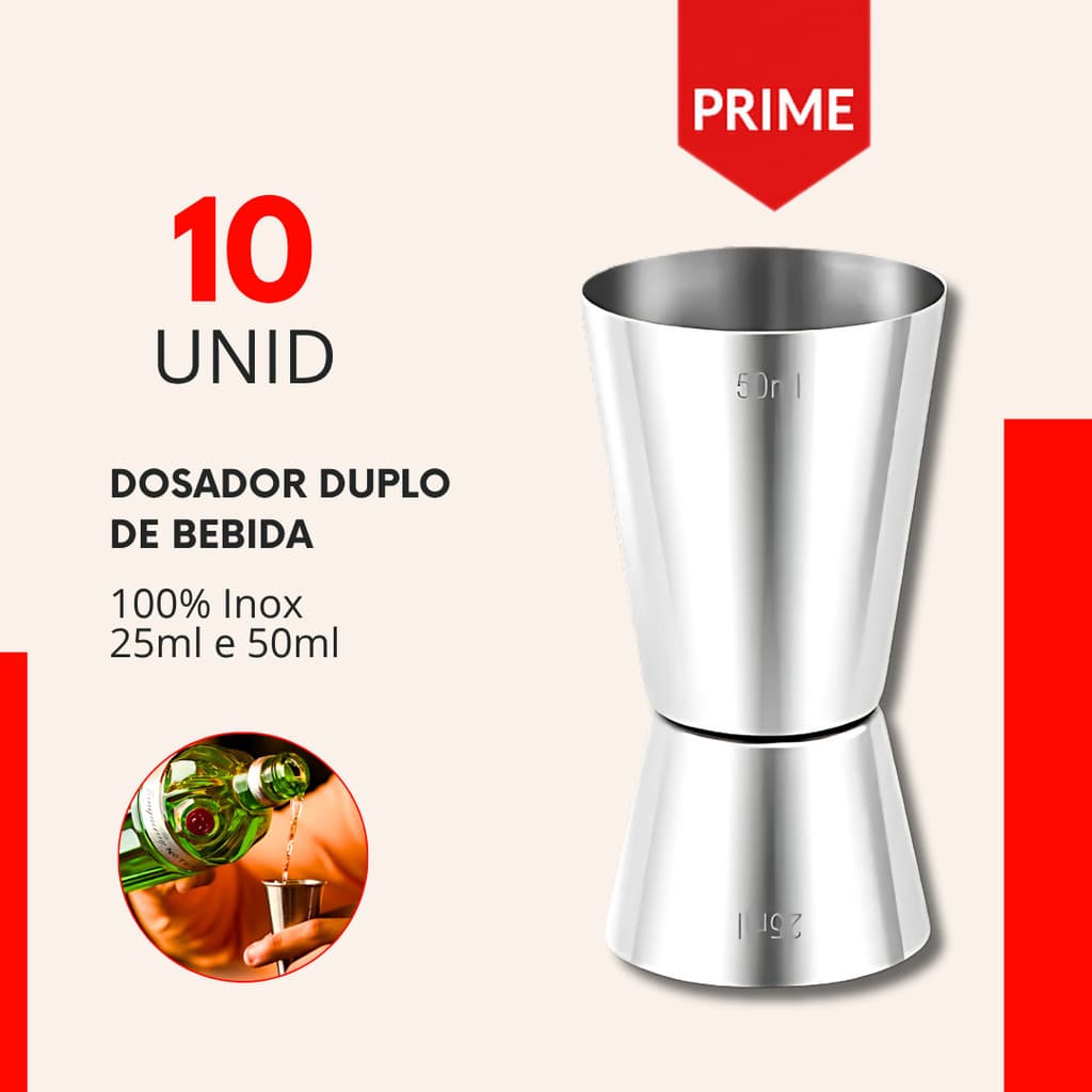 Kit 10 Dosador de Bebida Duplo para Drink Inox 25ml e 50ml Bar Drinks Bebidas Barman Caipirinha