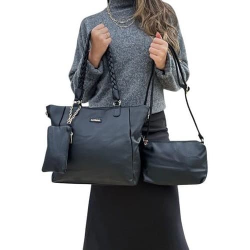 Kit 3 Pecas Bolsa Feminina Alca Trancada Conjunto Elegante Preta