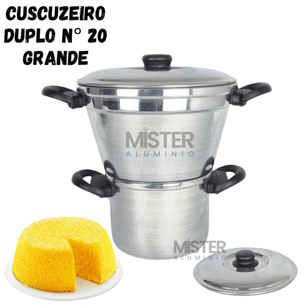 Cuscuzeiro Nordestino Duplo nº 20 com Duas Tampas + Fervedor e Escorredor - Faz Cuscuz Legumes Café