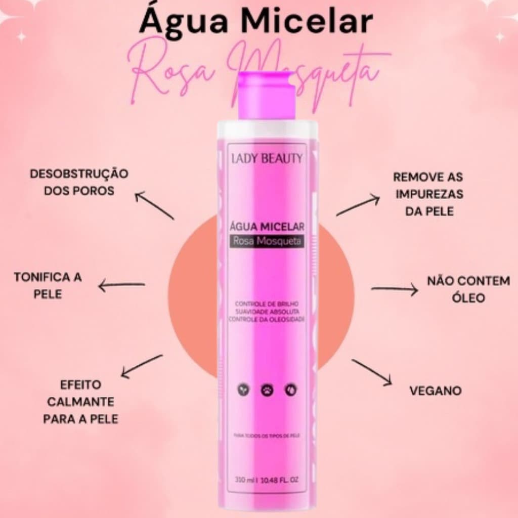 Agua Micelar Rosa Mosqueta Hidratação Profunda 310ml - Lady Beauty