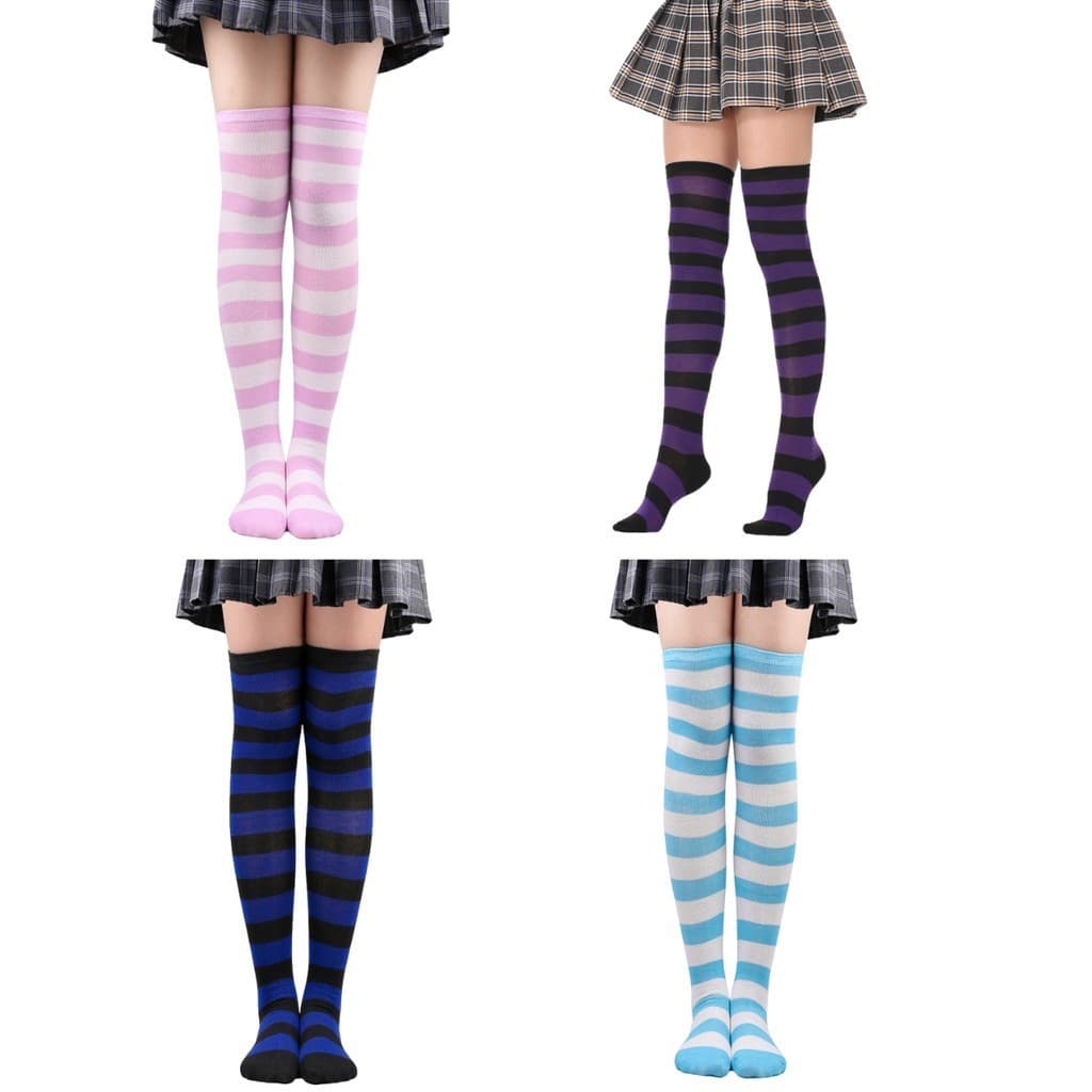 Kit 4 Pares Meia Listrada 7/8 Lolita Colegial Longa