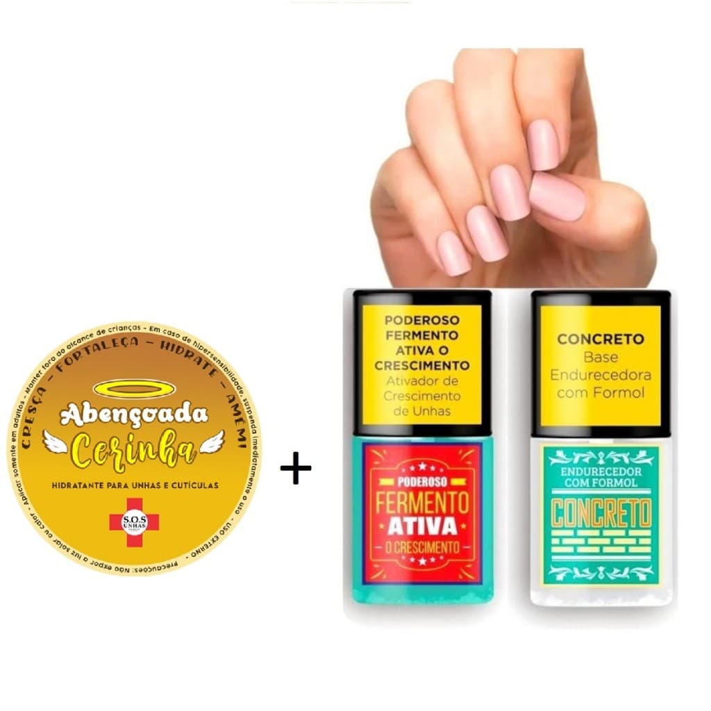 KIT Base Concreto Endurecedor + Fermento Crescimento  + Cerinha para unhas Sos Unhas Top Beauty