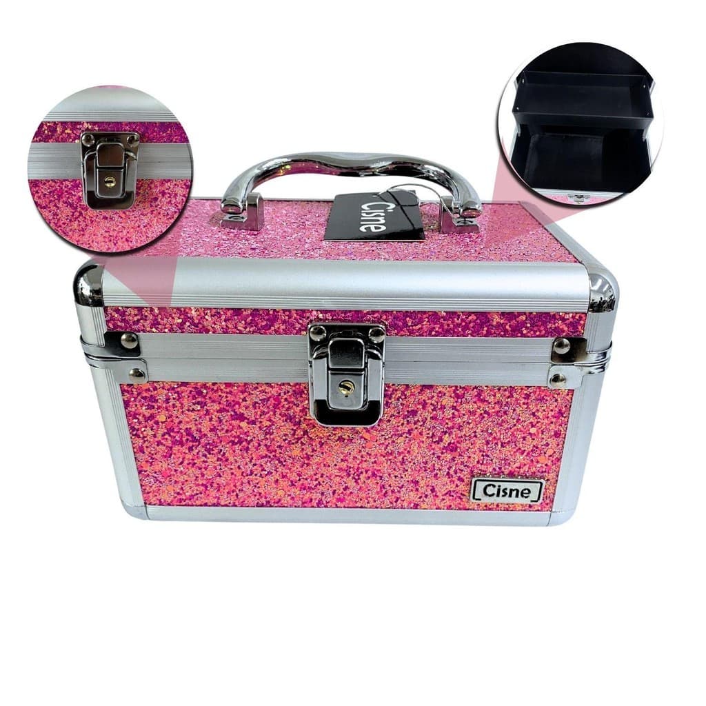 Maleta de Maquiagem Cisne Linha Shine Pink Glitter e Prata Csn-5120B