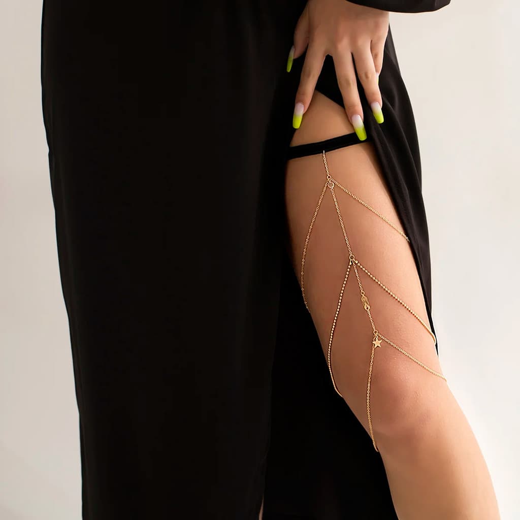 Corrente Body Chain Estrela Coxa Strass Delicada Luxo Ponta