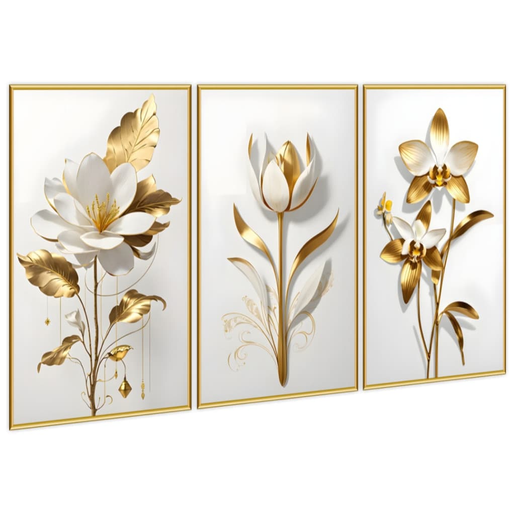 Quadro Decorativo madeira 03 Peças Flor Nórdica Pétalas De Ouro Moderno Floral - 3 Peças 60x40cm