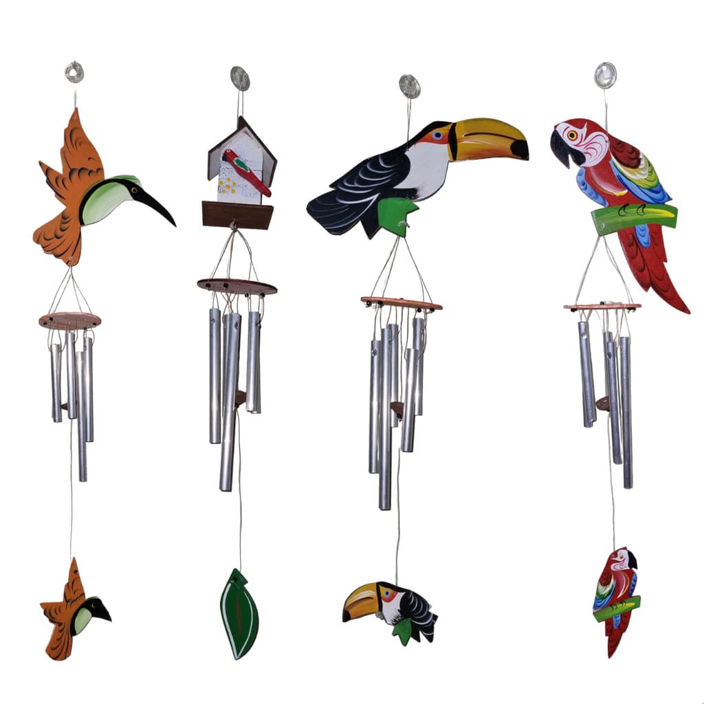 Kit 4 Sino dos Ventos Arara, Tucano, Beija-Flor, Passarinho