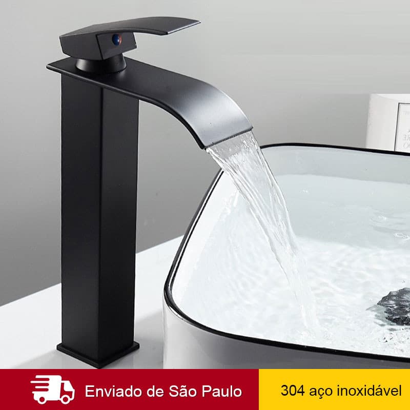 Torneira Banheiro Cascata Bica Alta Misturador Monocomando Cor Fosco Preto Misturador quente e frio Aço inox 304