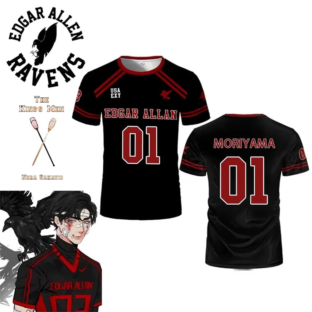 2025 Novo O Foxhole Tribunal Edgar Allan Ravens Lacrosse Camisa Cosplay Riko Moriyama 3D Camiseta Tudo Para Jogo Criança