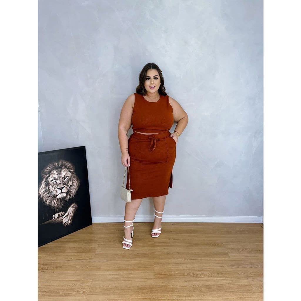 conjunto plus size saia e cropped 2023
