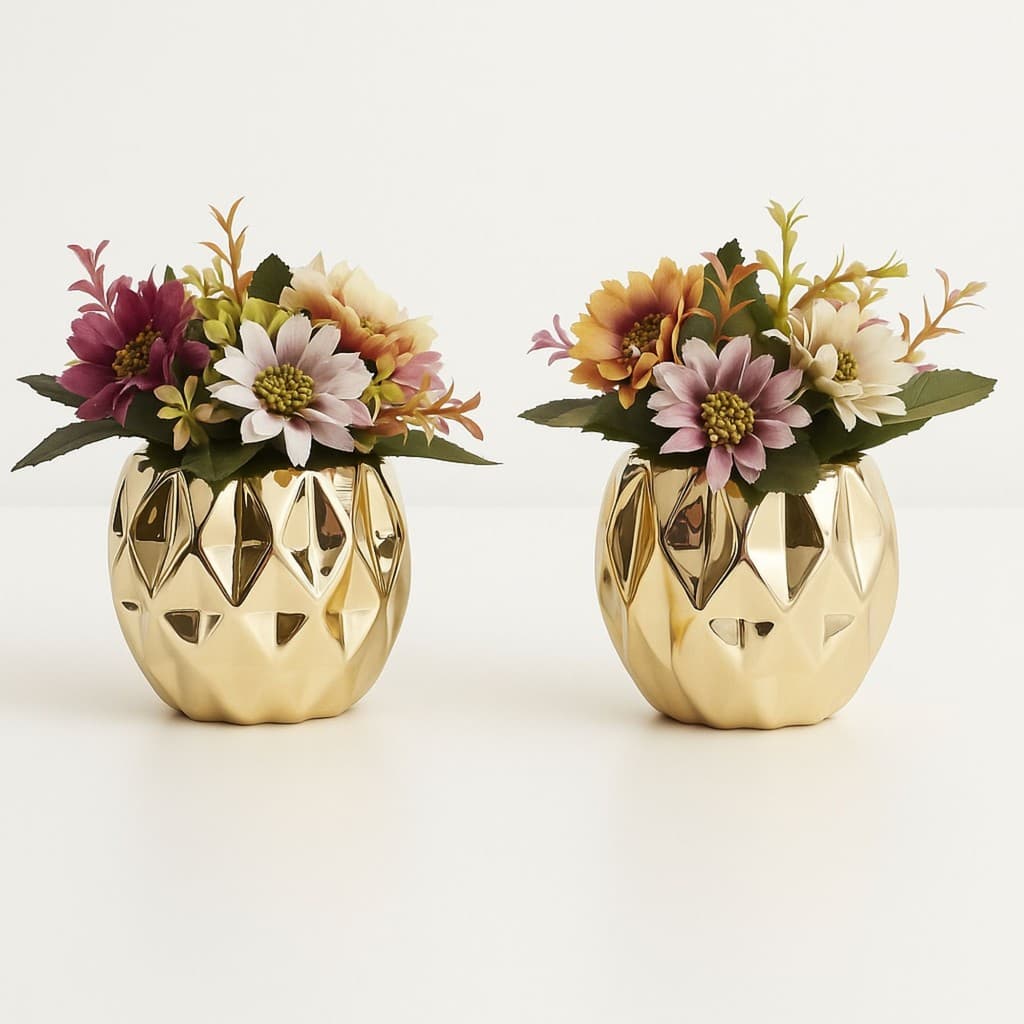Decoração 2 Mini Vasinhos Cerâmica e Flor Artificial Enfeite