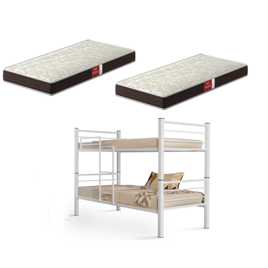 Beliche 100% Ferro/Aço Cristal Vira 2 Camas  C/grade Proteção e Escada + 2 Colchões D-23 Pelmex