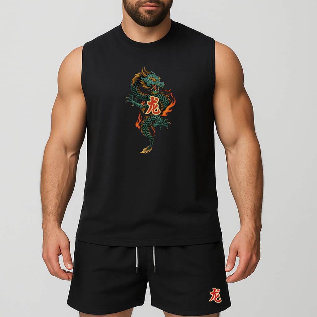 conjunto regata oversized e short de tactel de academia másculino estampada dragão japones