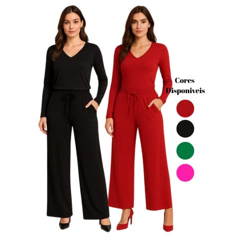 Conjunto Viscolycra Manga Longa e Calça Pantalona Feminino com Bolso Confortável e Moderno