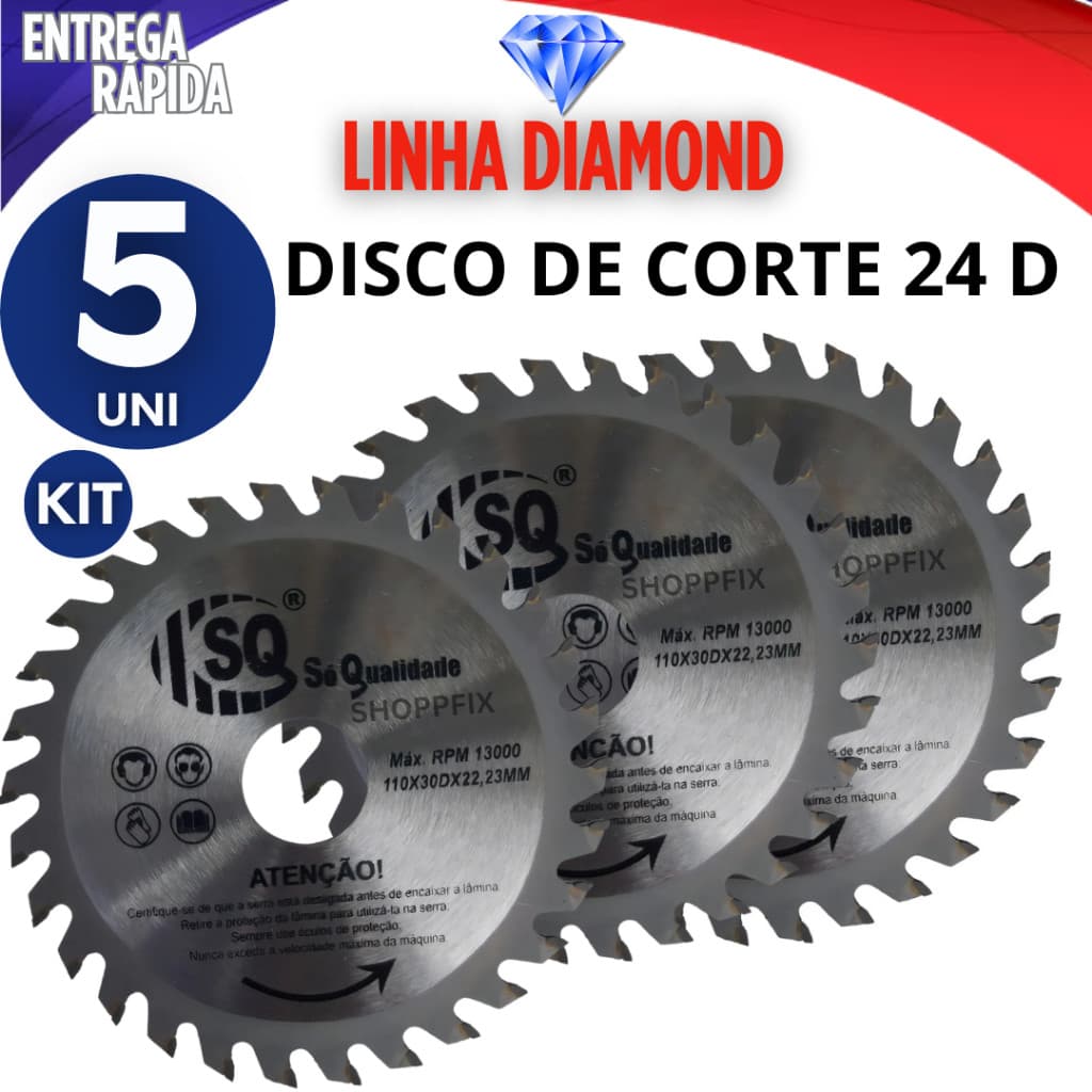 JOGO 5 DISCOS DE CORTE MADEIRA 24 DENTES SERRA CIRCULAR MARCENEIRO PEDREIRO CONSTRUTOR