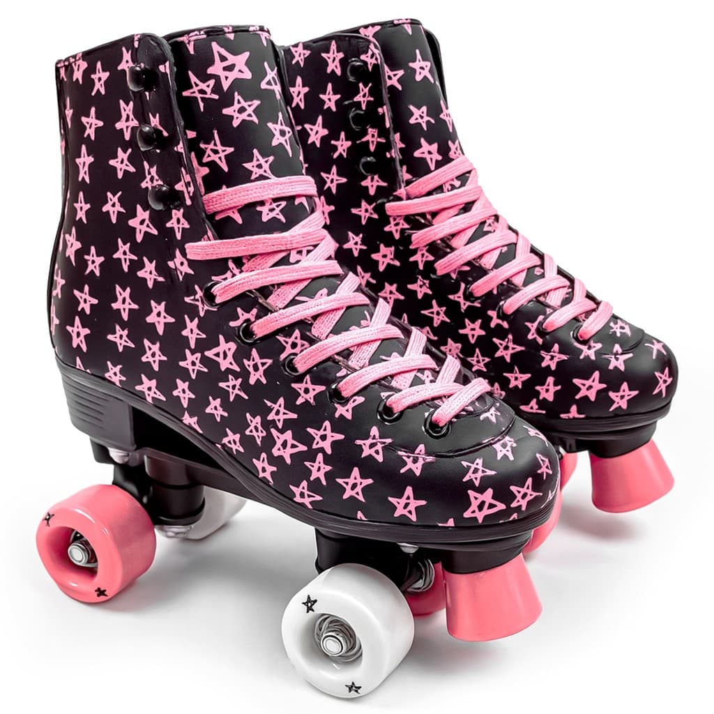 Patins Infantil Quad Preto Com Estampa De Estrela Freio Dianteiro Acolchoado Menina - Dm Toys