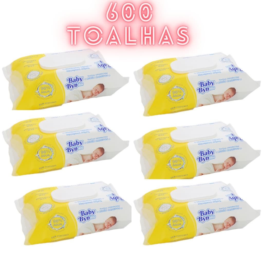Kit com 6 Unidades-600 Folhas -Toalha Umedecida Baby Byn Rn Premiun Kit Com 6
