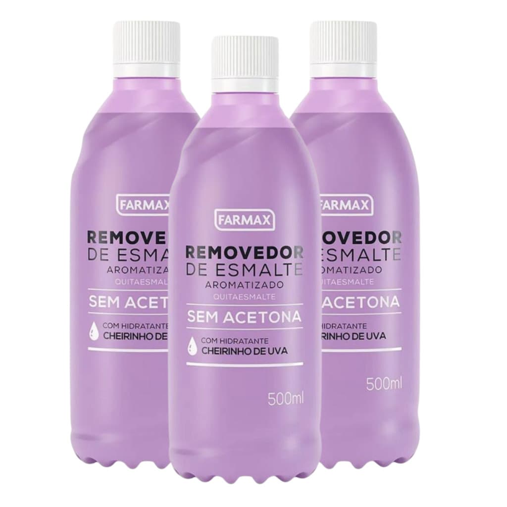 Kit 3 Removedor De Esmalte Sem Acetona Farmax 500ml Uva Glicerina Nao Resseca Unhas Em Gel