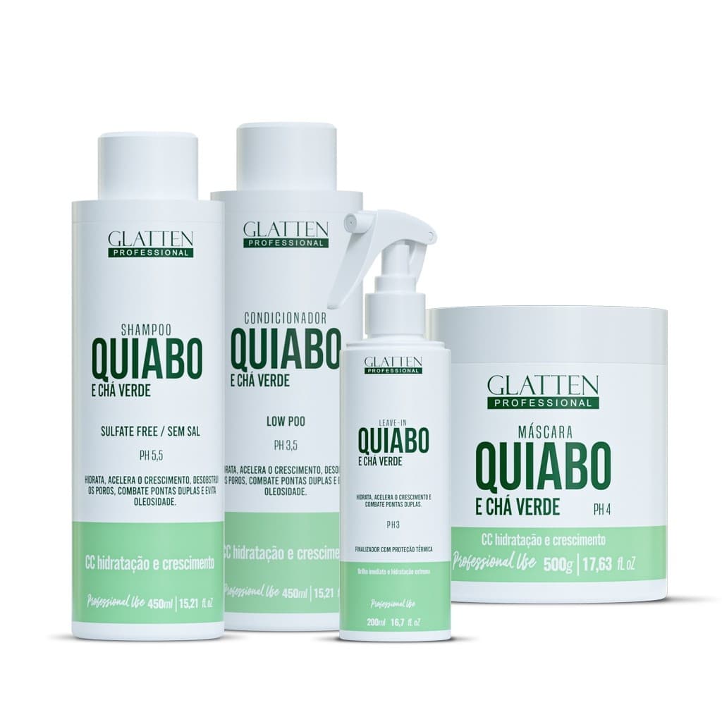 Glatten - Kit Capilar Completo Quiabo e Chá Verde: Hidratação e brilho natural para seus fios! (4 produtos)