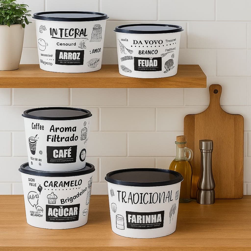 KIT POTES PORTA MANTIMENTOS 5PCS PLASTICO MULTIUSO BLACK BRANCO 2L DECORADO REDONDO