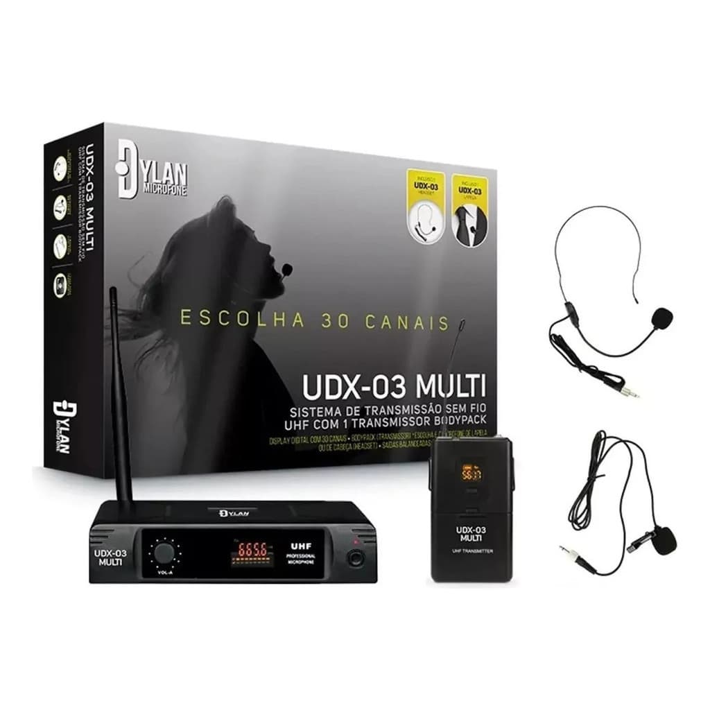 Microfone Sem Fio Dylan Udx03 Multi Black Uhf Headset Lapela