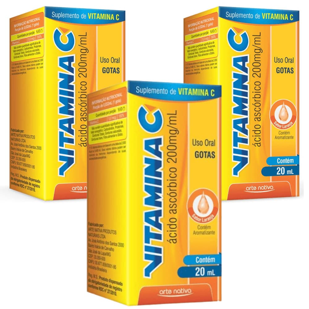 Kit C/3 Vitamina C Sabor Laranja Gotas 20Ml - Arte Nativa