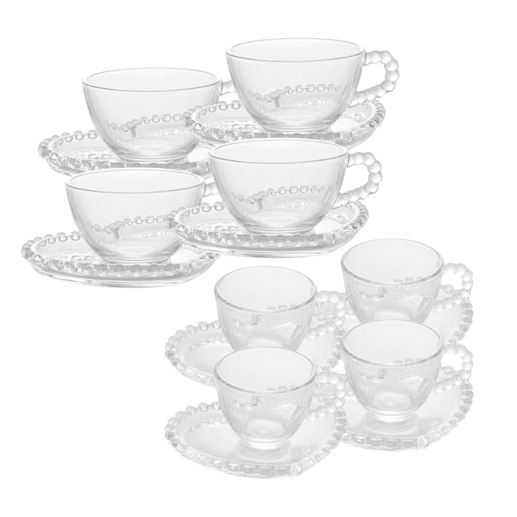 Kit Jogo 4 Xícaras de Café 85ml + 4 Xícaras de Chá 180ml com Pires de Cristal Coração Pearl - Wolff